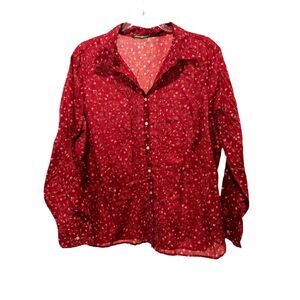 Eddie Bauer Burgundy Floral Semi-Sheer Button Front Top Size XXL Cabincore